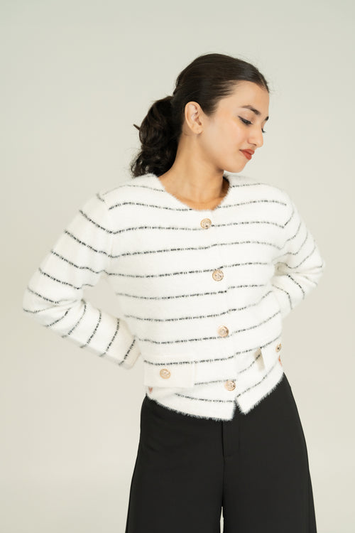 button front black  stripe cardigan