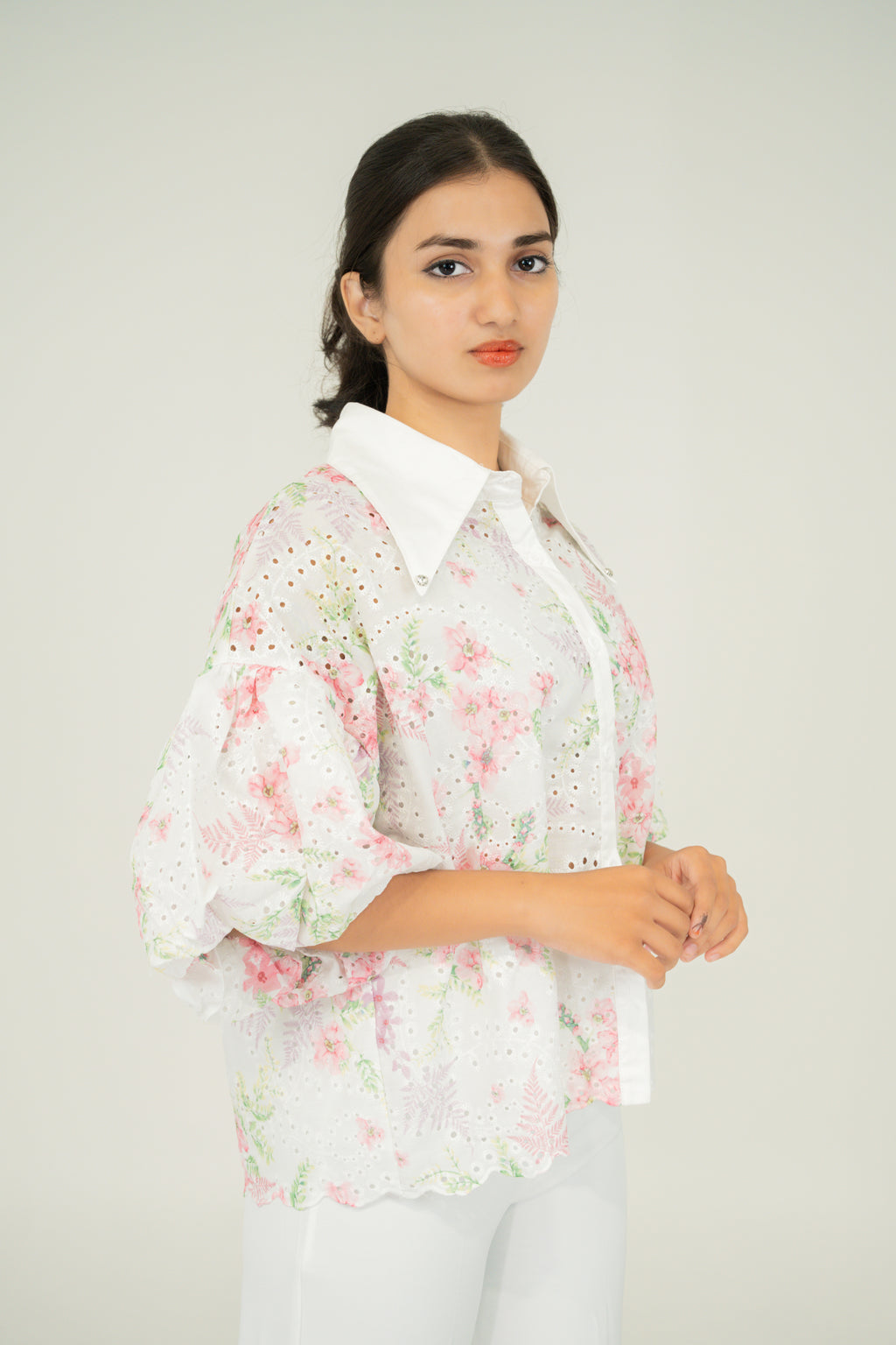 floral print puff shirt