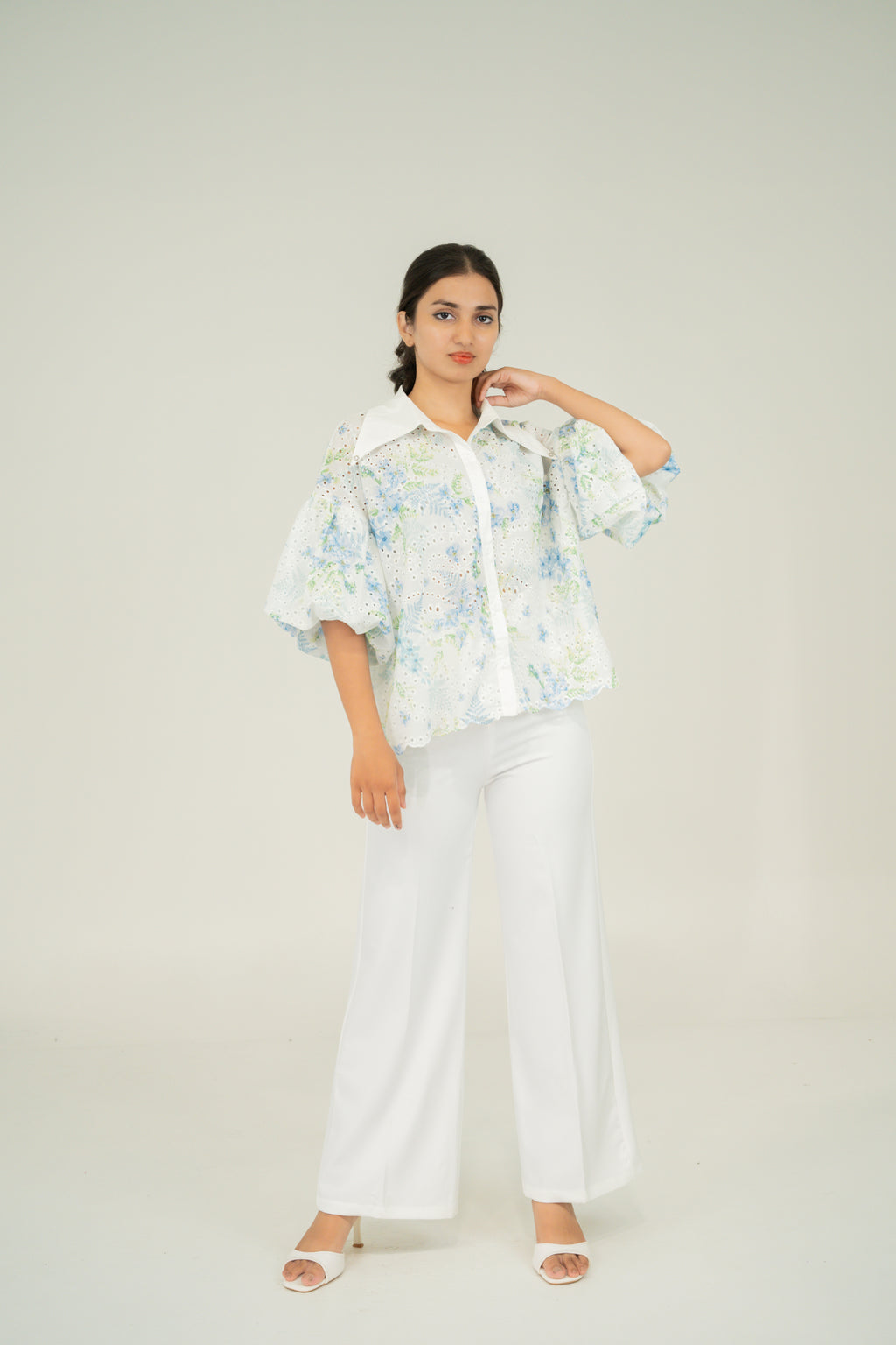 floral print puff shirt