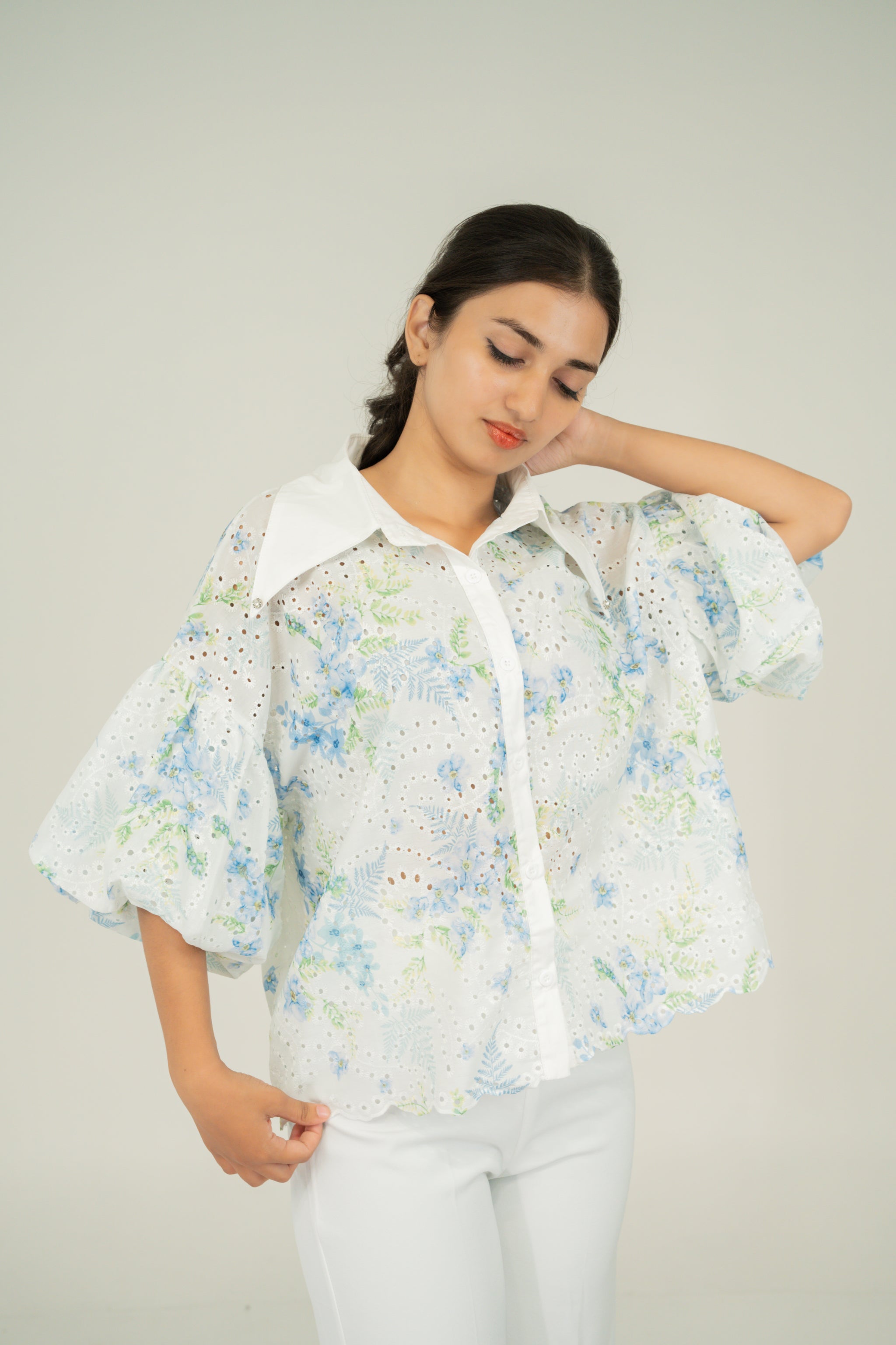 floral print puff shirt
