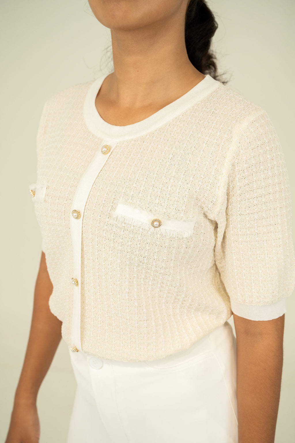 ivory button front knit wear