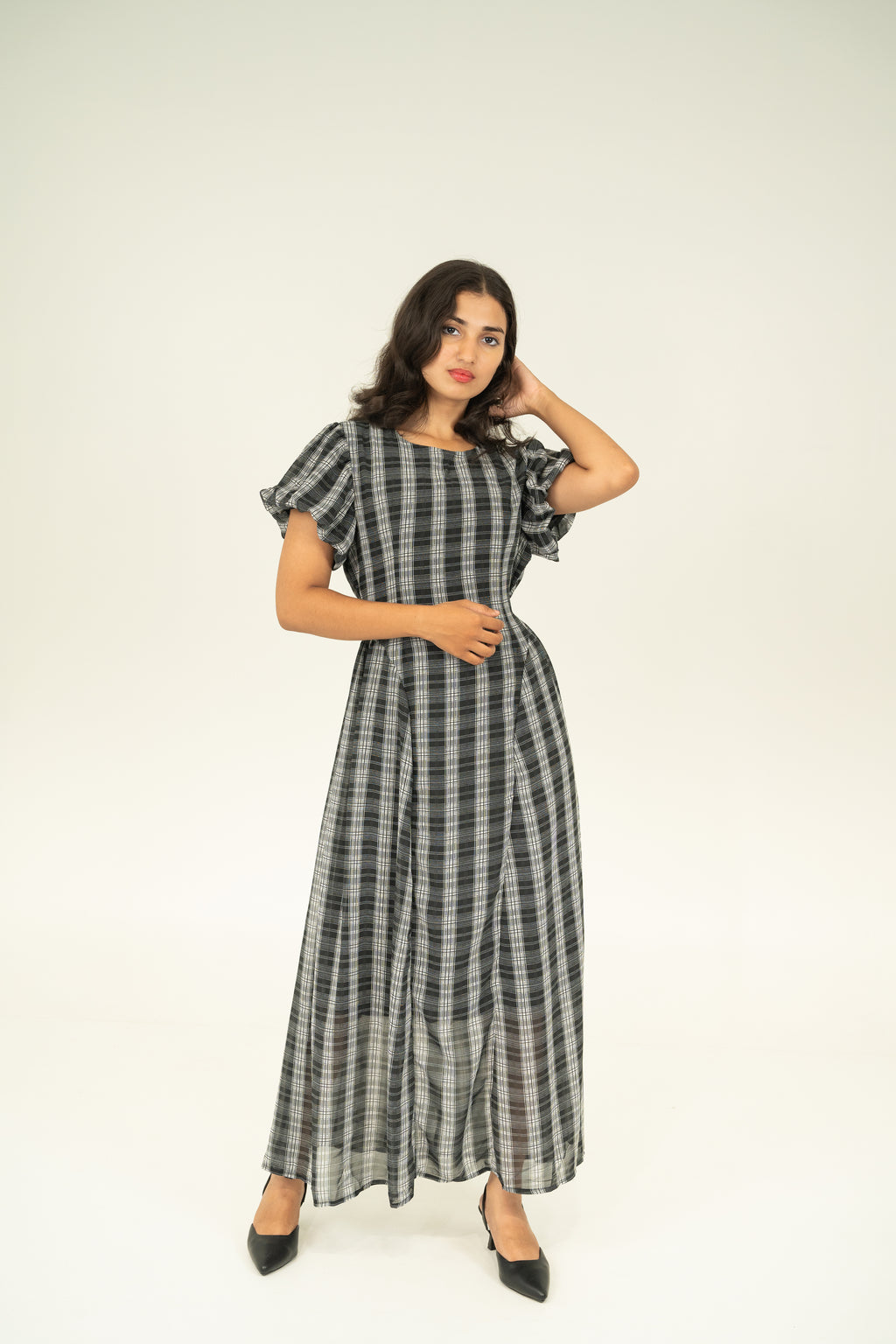 Black Soft check midi dress